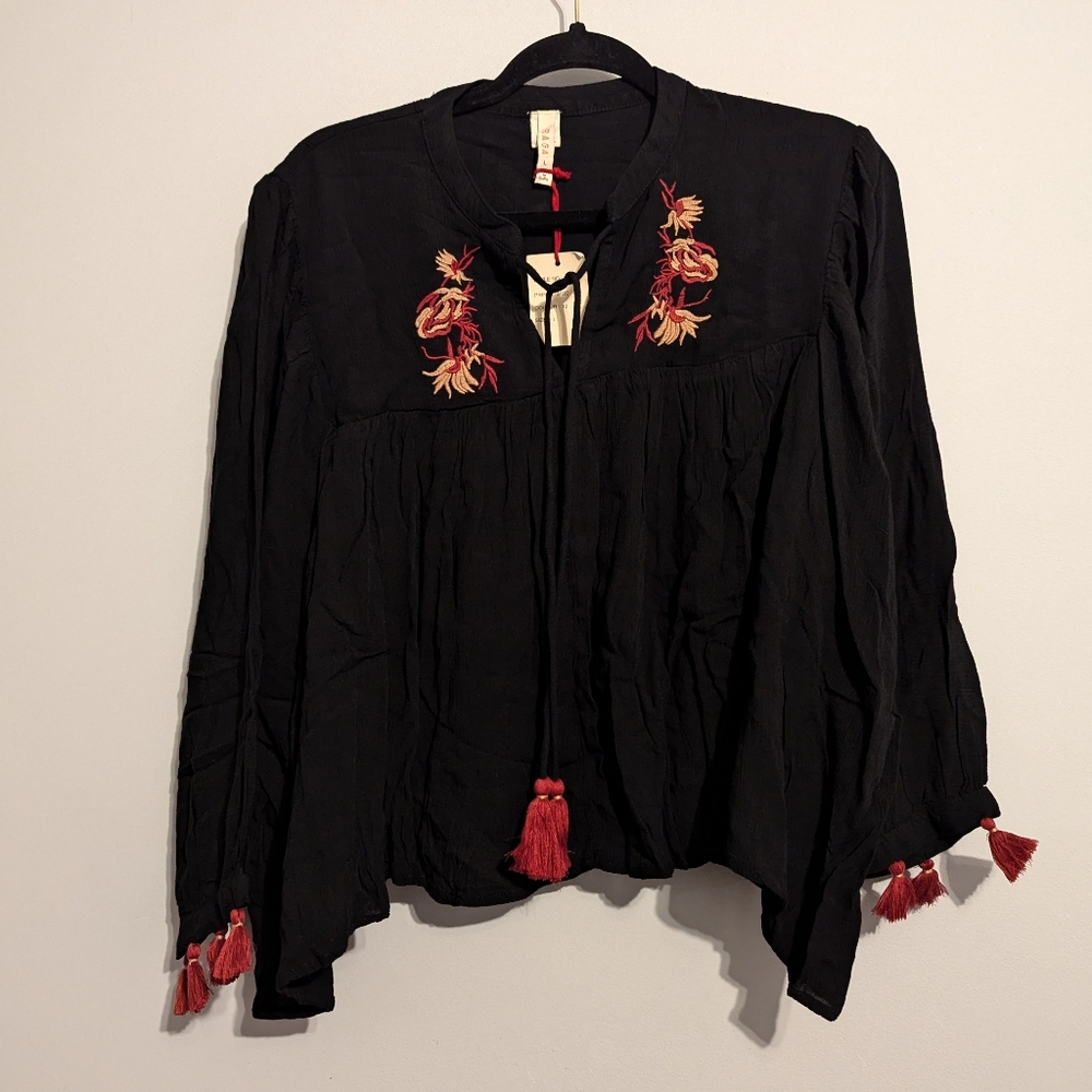 Raga Embroidered Peasant Top Large Black Hippie Boho Bohemian Tasseled NEW